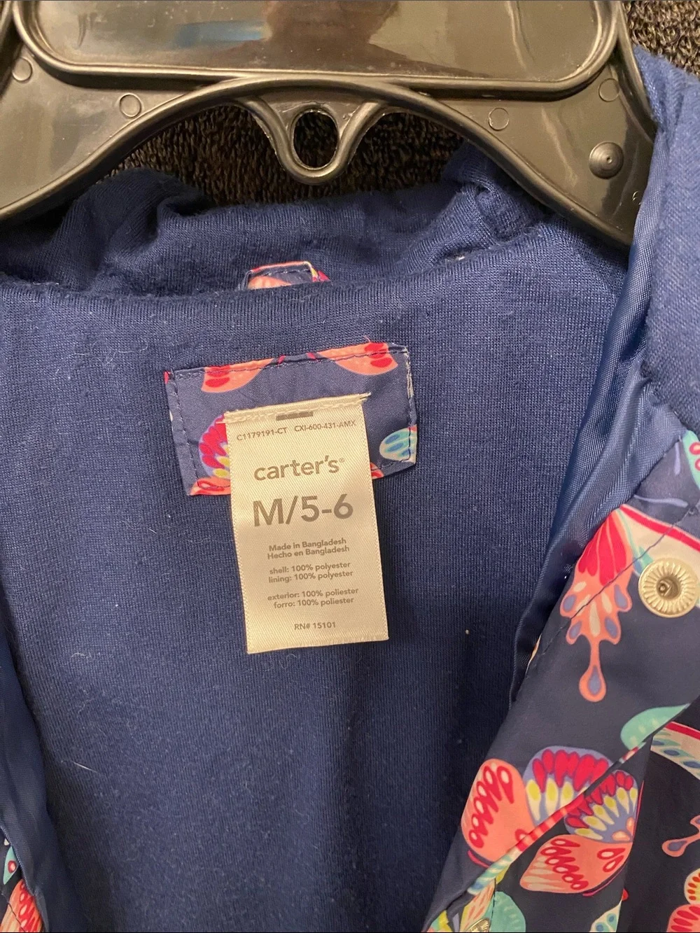 Carter's Navy Hooded Raincoat with Pink & Teal Butterfly Print